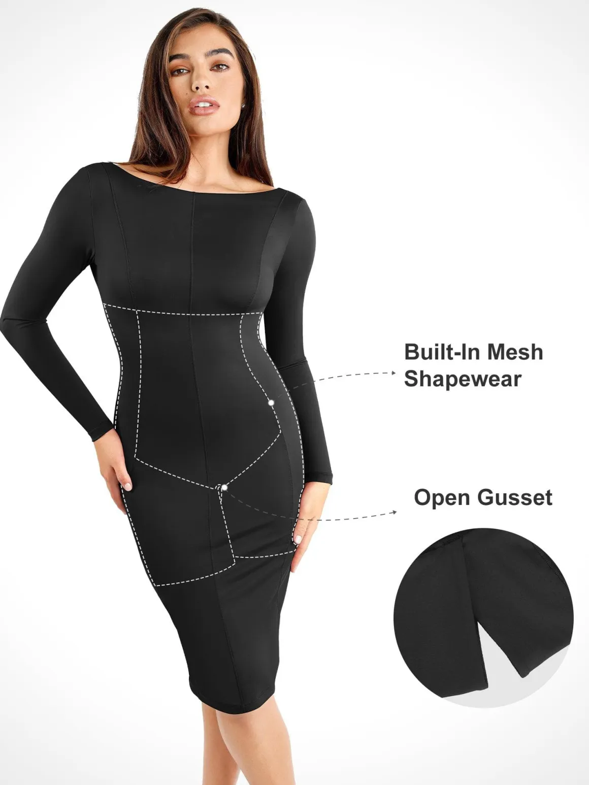 Shapewear Long Sleeve Boat Neck Sculpting Midi Dress