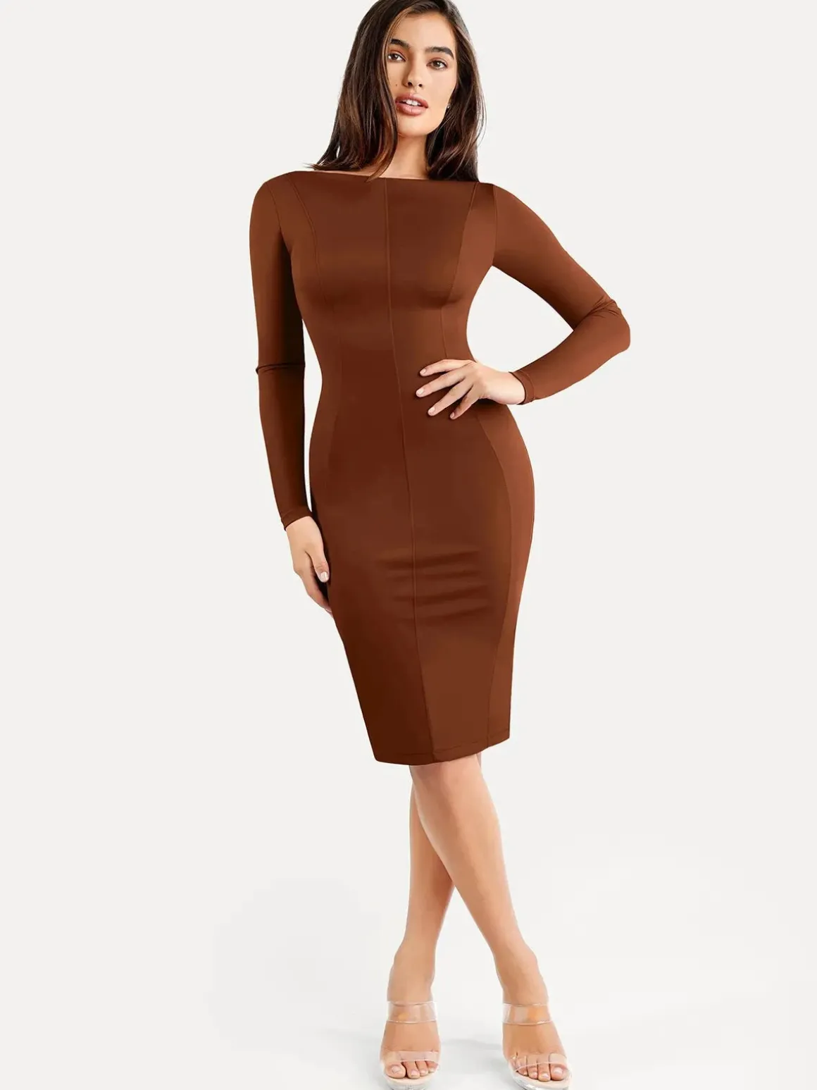 Shapewear Long Sleeve Boat Neck Sculpting Midi Dress