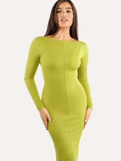 Shapewear Long Sleeve Boat Neck Sculpting Midi Dress