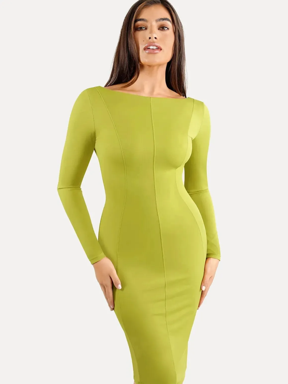 Shapewear Long Sleeve Boat Neck Sculpting Midi Dress