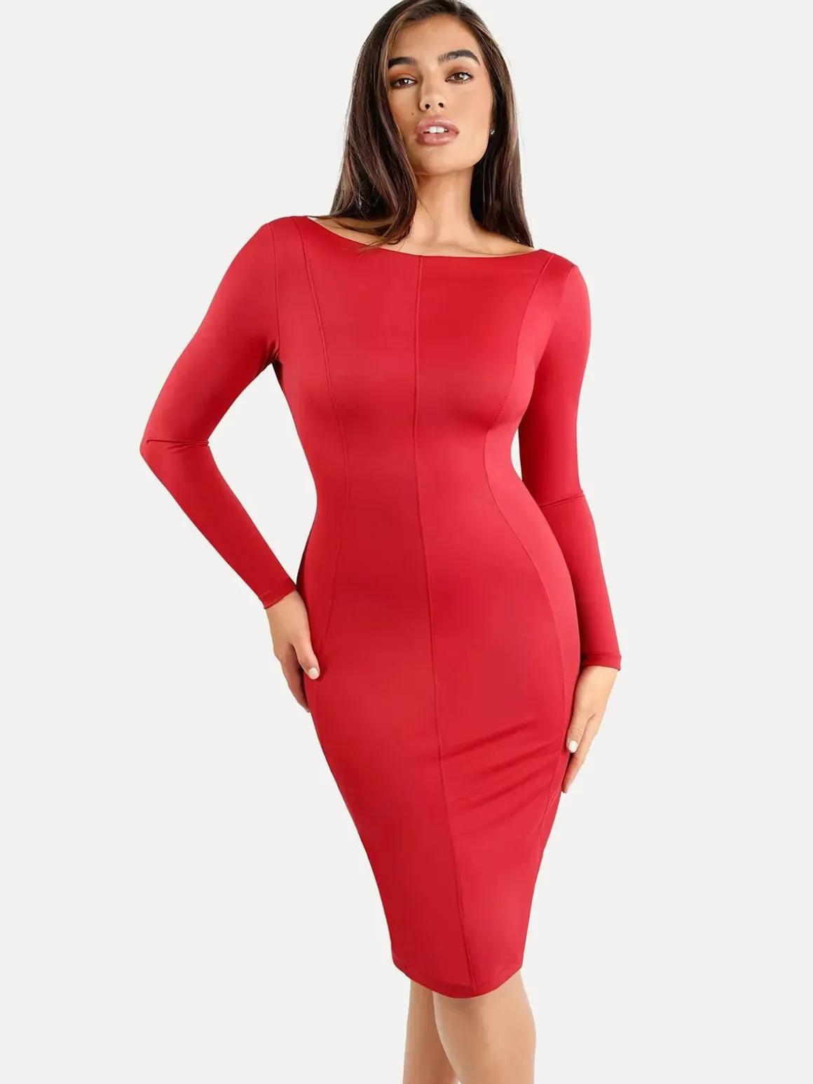 Shapewear Long Sleeve Boat Neck Sculpting Midi Dress