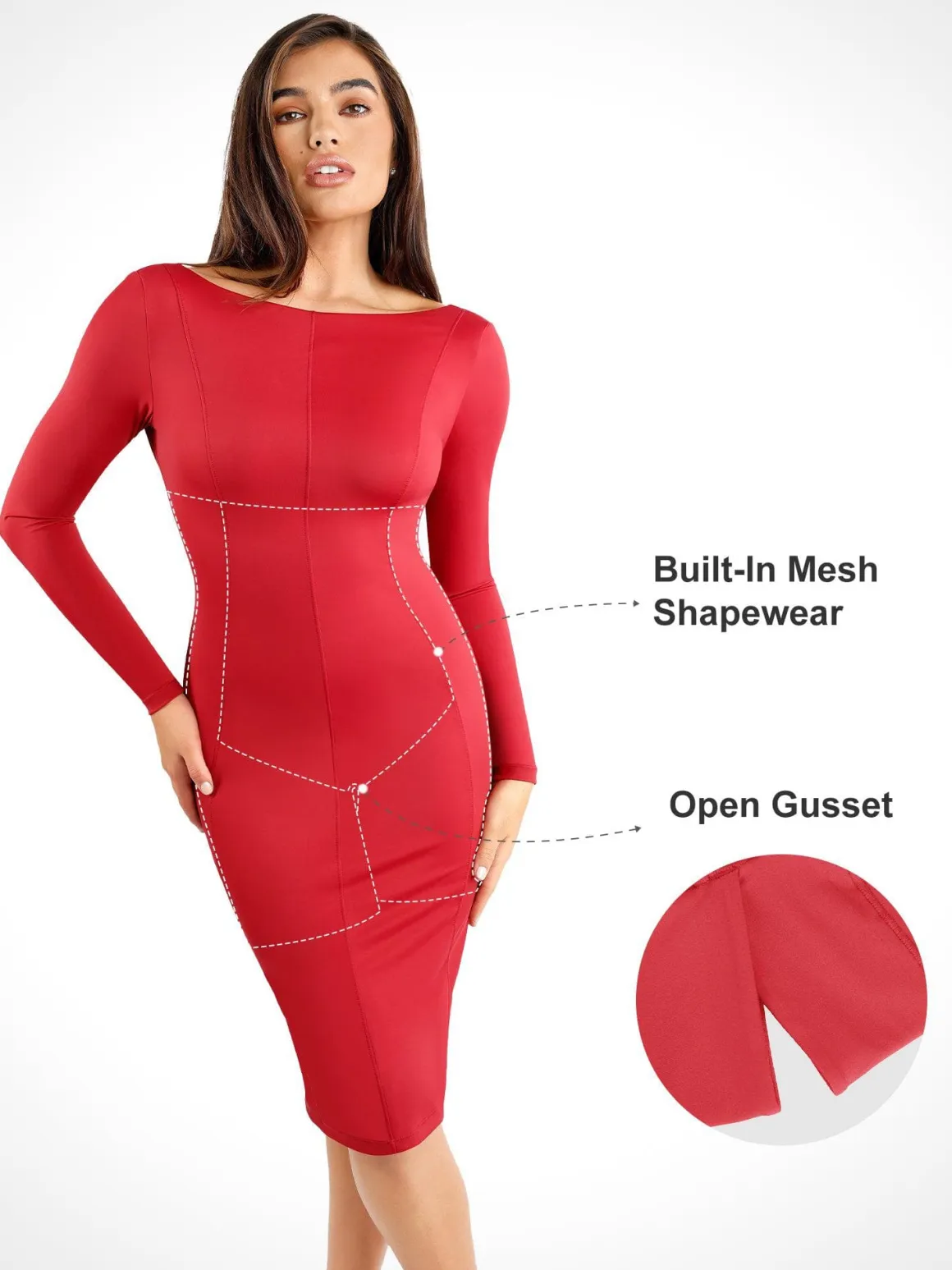 Shapewear Long Sleeve Boat Neck Sculpting Midi Dress