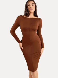 Shapewear Long Sleeve Boat Neck Sculpting Midi Dress