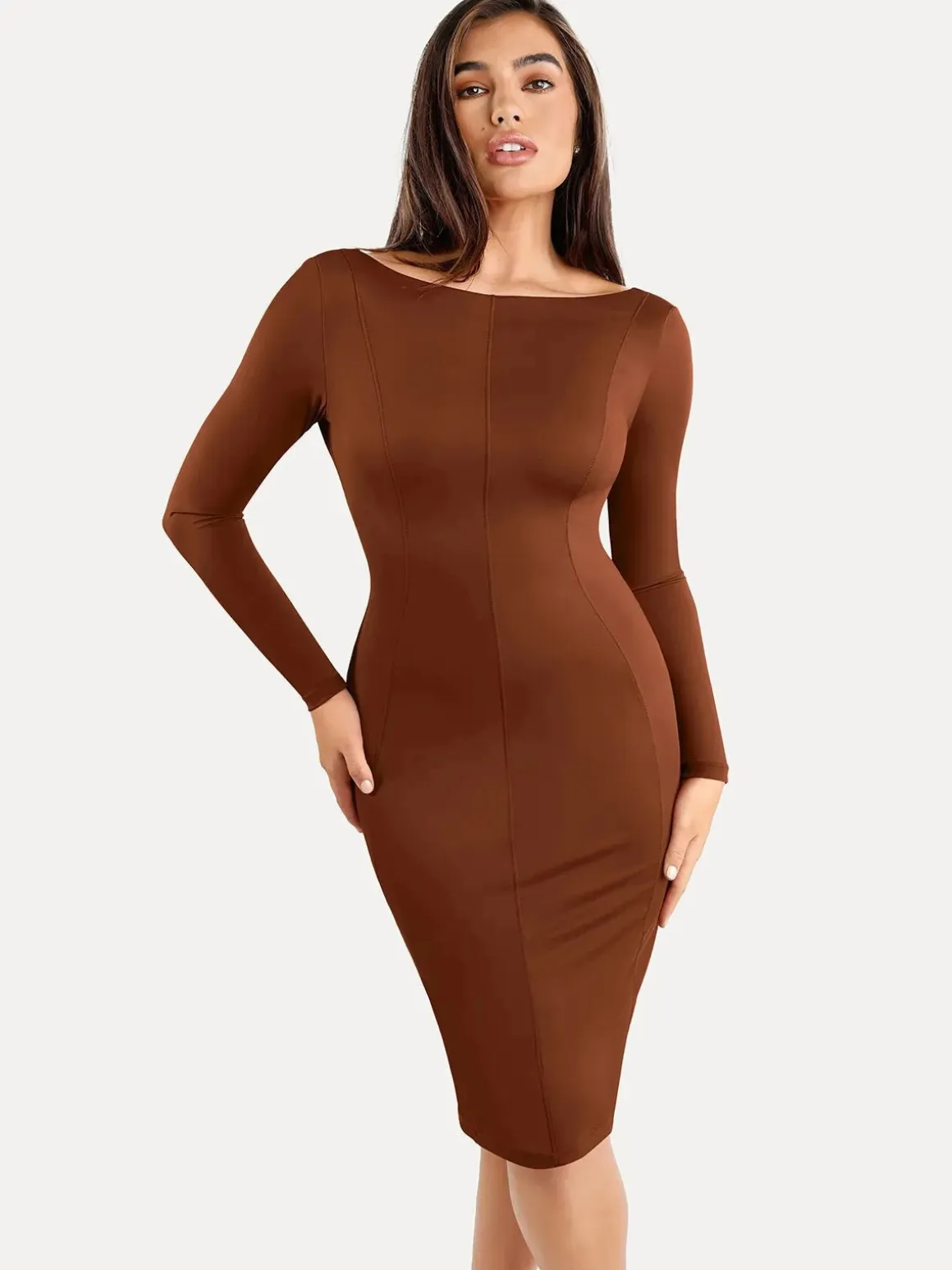 Shapewear Long Sleeve Boat Neck Sculpting Midi Dress