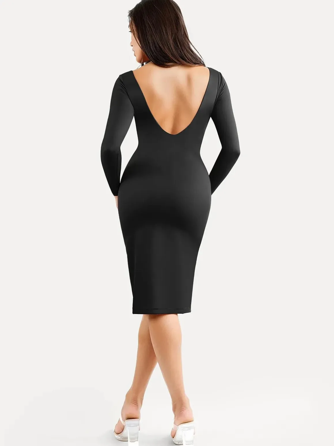Shapewear Long Sleeve Boat Neck Sculpting Midi Dress