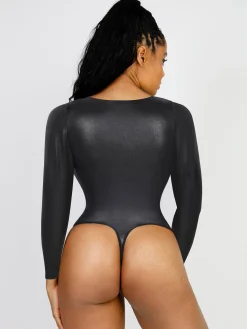 Shapewear Long Sleeve Faux Leather V-Neck Sculpting Bodysuit
