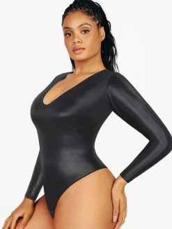 Shapewear Long Sleeve Faux Leather V-Neck Sculpting Bodysuit