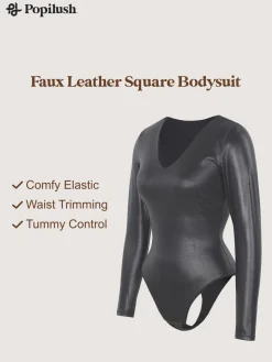 Shapewear Long Sleeve Faux Leather V-Neck Sculpting Bodysuit