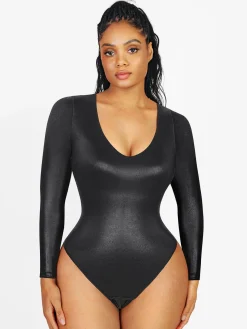 Shapewear Long Sleeve Faux Leather V-Neck Sculpting Bodysuit