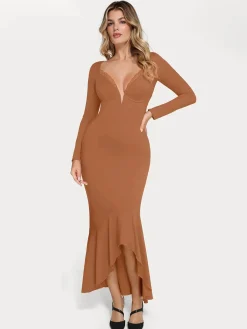 Shapewear Long Sleeve Lace Trim Sculpting Mermaid Maxi Dress
