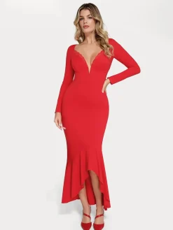 Shapewear Long Sleeve Lace Trim Sculpting Mermaid Maxi Dress