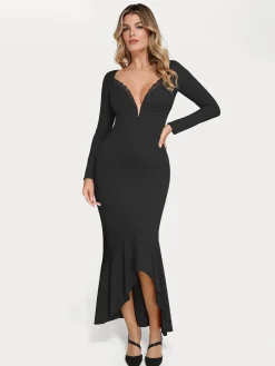 Shapewear Long Sleeve Lace Trim Sculpting Mermaid Maxi Dress