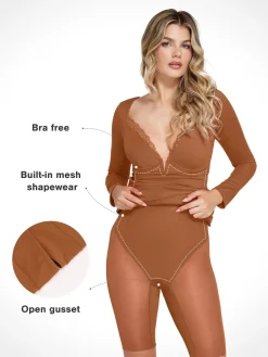 Shapewear Long Sleeve Lace Trim Sculpting Mermaid Maxi Dress