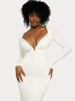Shapewear Long Sleeve Lace Trim Sculpting Mermaid Maxi Dress