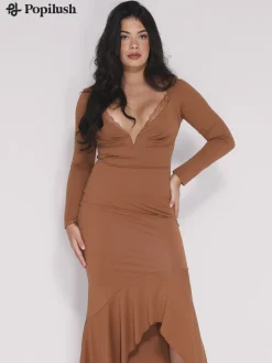 Shapewear Long Sleeve Lace Trim Sculpting Mermaid Maxi Dress