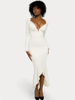 Shapewear Long Sleeve Lace Trim Sculpting Mermaid Maxi Dress
