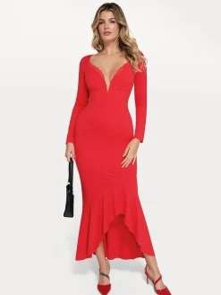 Shapewear Long Sleeve Lace Trim Sculpting Mermaid Maxi Dress