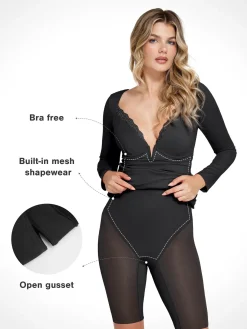 Shapewear Long Sleeve Lace Trim Sculpting Mermaid Maxi Dress