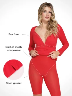 Shapewear Long Sleeve Lace Trim Sculpting Mermaid Maxi Dress