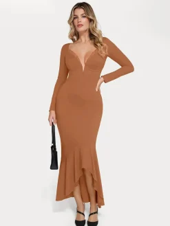 Shapewear Long Sleeve Lace Trim Sculpting Mermaid Maxi Dress