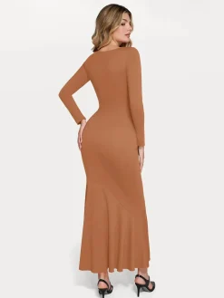 Shapewear Long Sleeve Lace Trim Sculpting Mermaid Maxi Dress