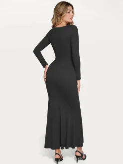 Shapewear Long Sleeve Lace Trim Sculpting Mermaid Maxi Dress