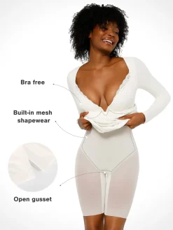Shapewear Long Sleeve Lace Trim Sculpting Mermaid Maxi Dress