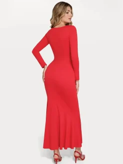 Shapewear Long Sleeve Lace Trim Sculpting Mermaid Maxi Dress