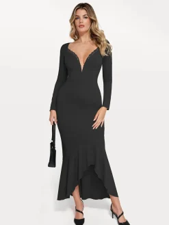 Shapewear Long Sleeve Lace Trim Sculpting Mermaid Maxi Dress