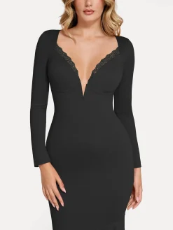 Shapewear Long Sleeve Lace Trim Sculpting Mermaid Maxi Dress