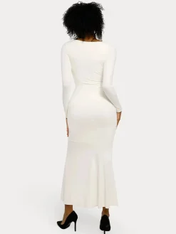Shapewear Long Sleeve Lace Trim Sculpting Mermaid Maxi Dress