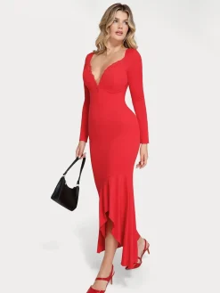 Shapewear Long Sleeve Lace Trim Sculpting Mermaid Maxi Dress