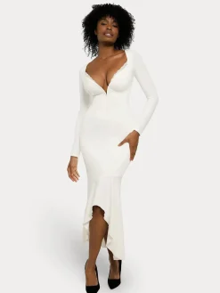 Shapewear Long Sleeve Lace Trim Sculpting Mermaid Maxi Dress