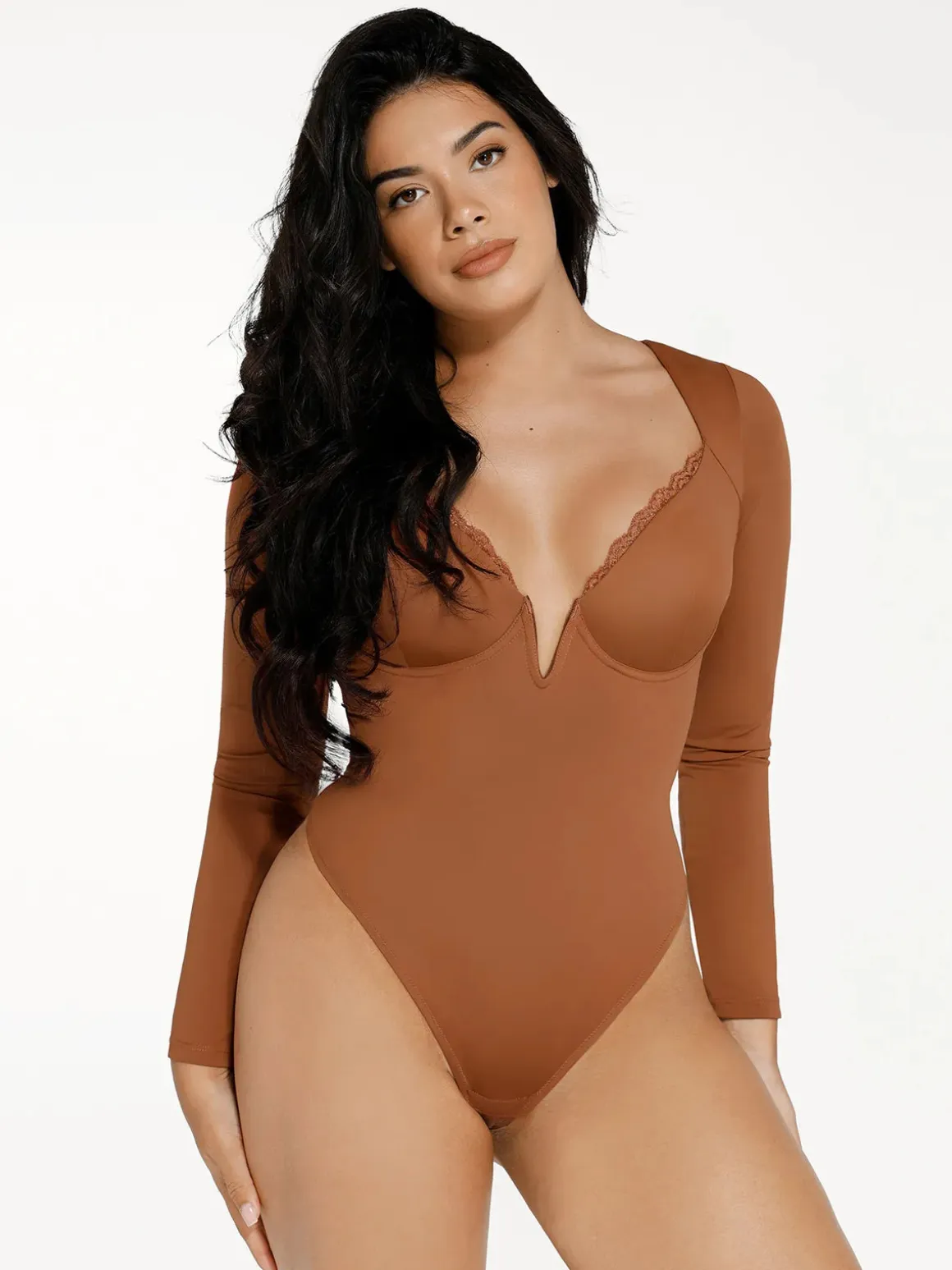 Shapewear Long Sleeve Lace Trim V-Neck Slimming Bodysuit