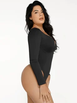 Shapewear Long Sleeve Lace Trim V-Neck Slimming Bodysuit