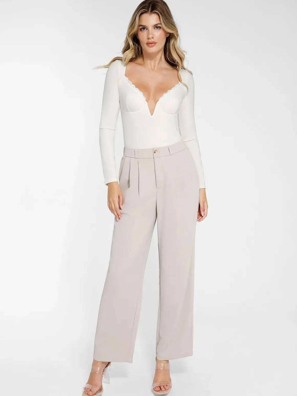 Shapewear Long Sleeve Lace Trim V-Neck Slimming Bodysuit