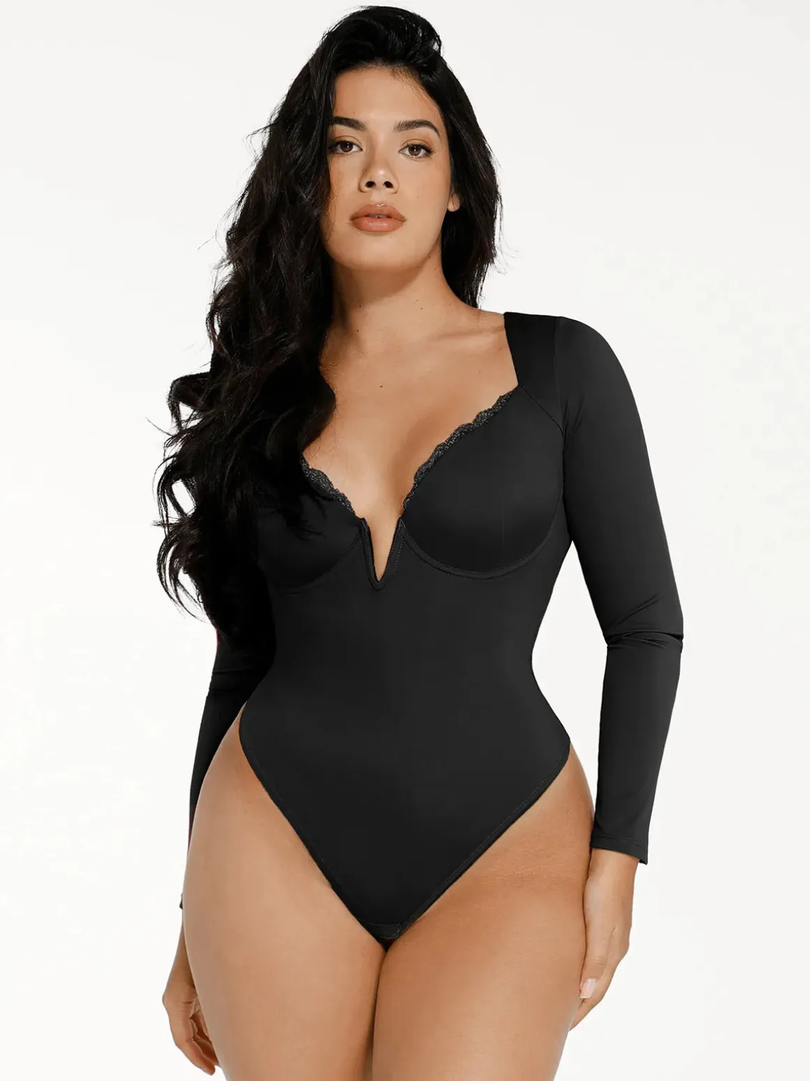 Shapewear Long Sleeve Lace Trim V-Neck Slimming Bodysuit