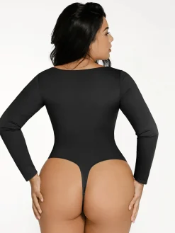 Shapewear Long Sleeve Lace Trim V-Neck Slimming Bodysuit