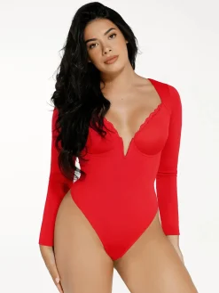 Shapewear Long Sleeve Lace Trim V-Neck Slimming Bodysuit