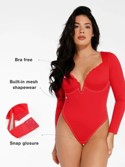 Shapewear Long Sleeve Lace Trim V-Neck Slimming Bodysuit