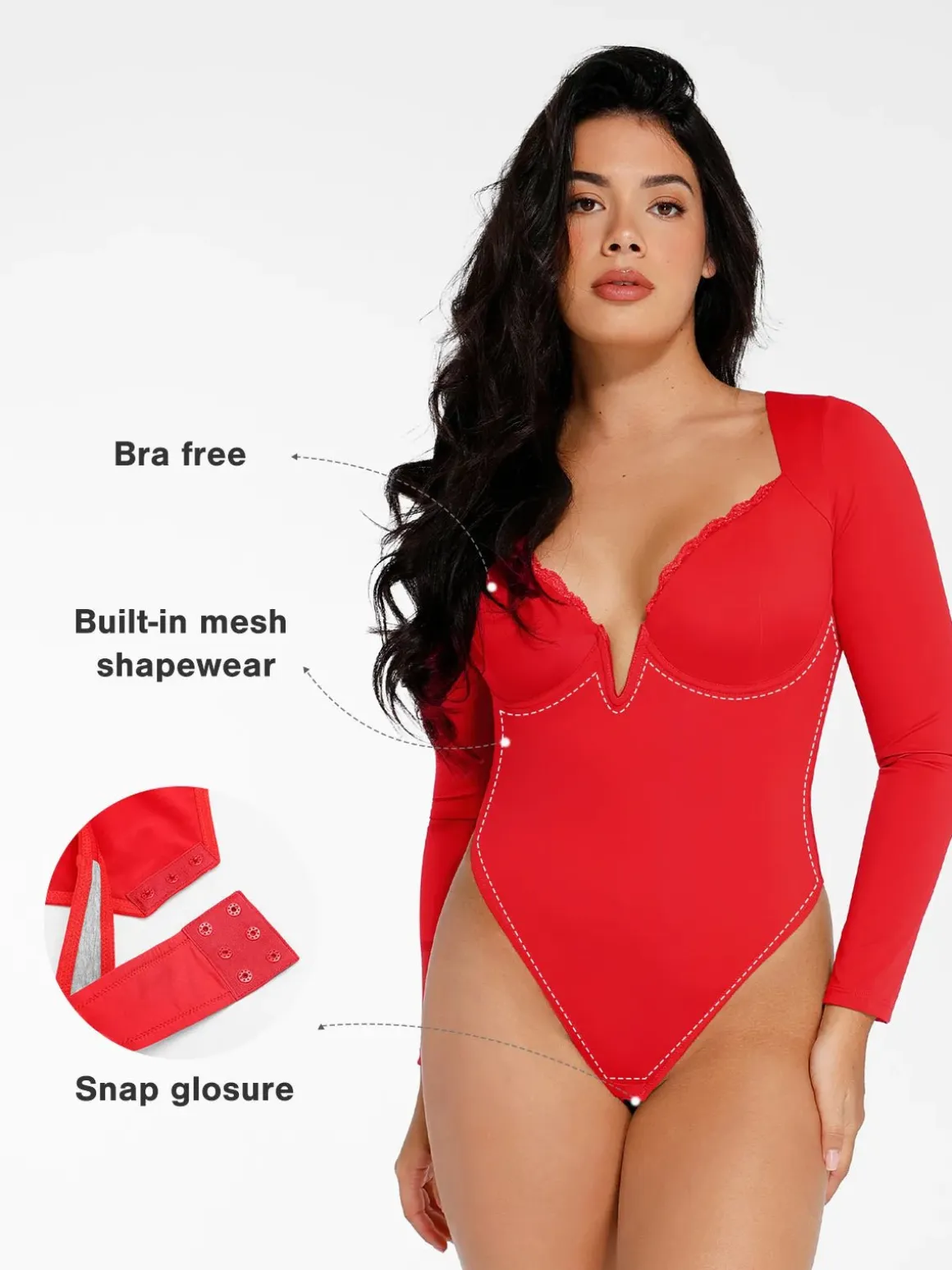 Shapewear Long Sleeve Lace Trim V-Neck Slimming Bodysuit