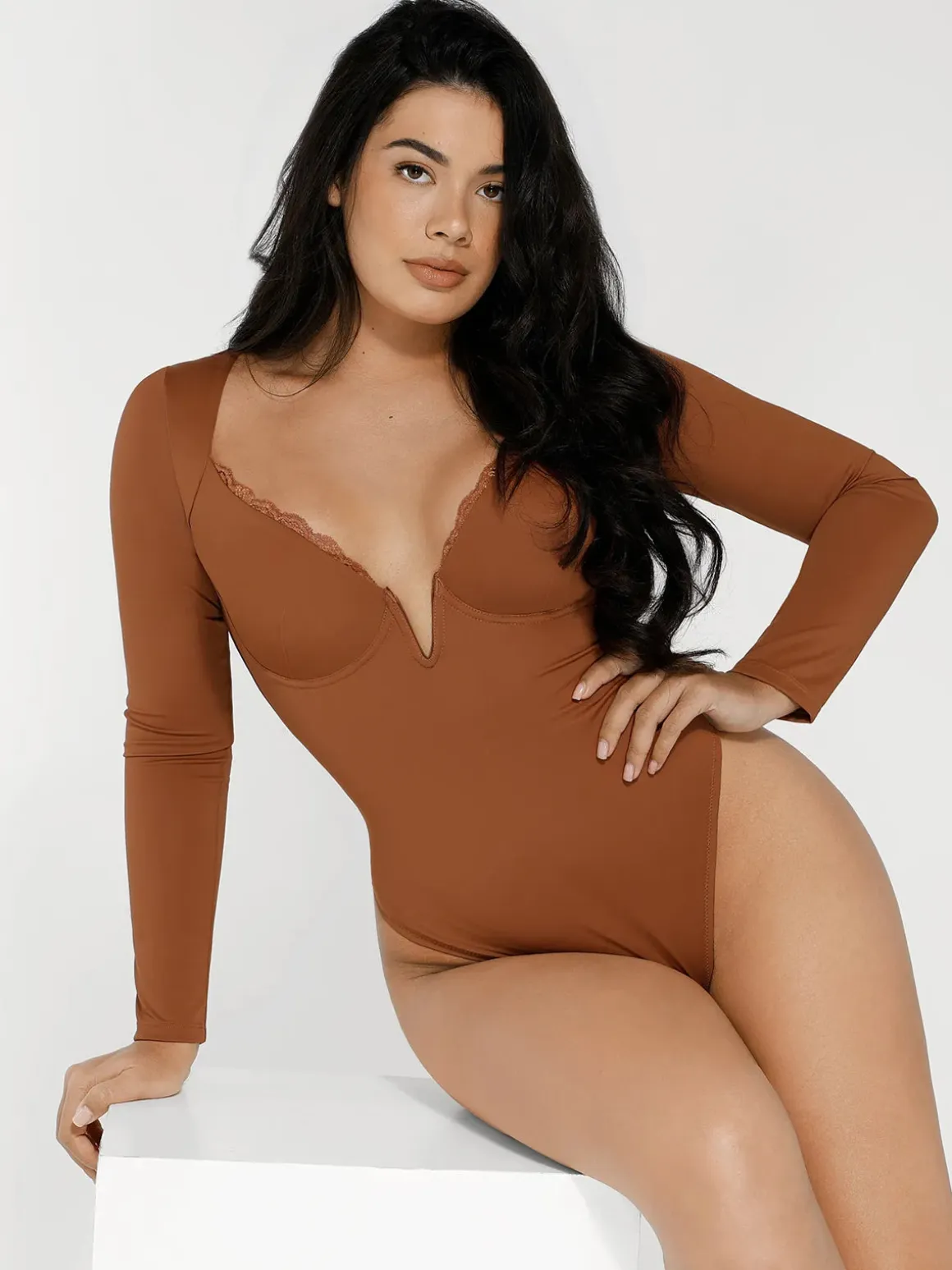 Shapewear Long Sleeve Lace Trim V-Neck Slimming Bodysuit