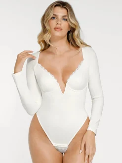 Shapewear Long Sleeve Lace Trim V-Neck Slimming Bodysuit