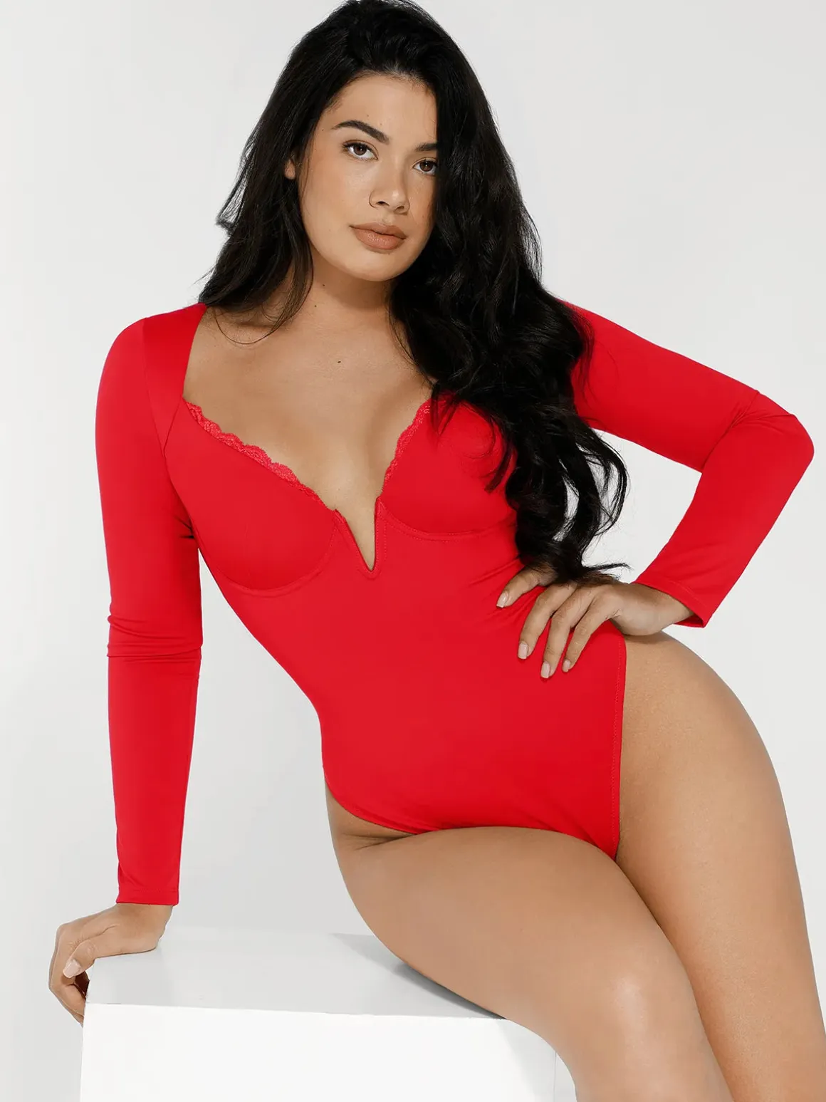 Shapewear Long Sleeve Lace Trim V-Neck Slimming Bodysuit