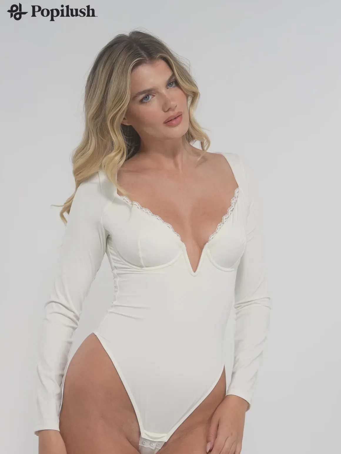 Shapewear Long Sleeve Lace Trim V-Neck Slimming Bodysuit