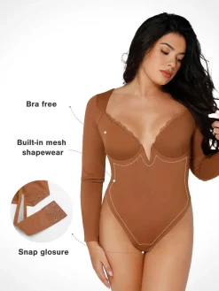 Shapewear Long Sleeve Lace Trim V-Neck Slimming Bodysuit