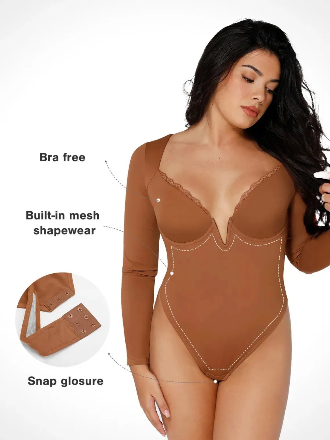 Shapewear Long Sleeve Lace Trim V-Neck Slimming Bodysuit