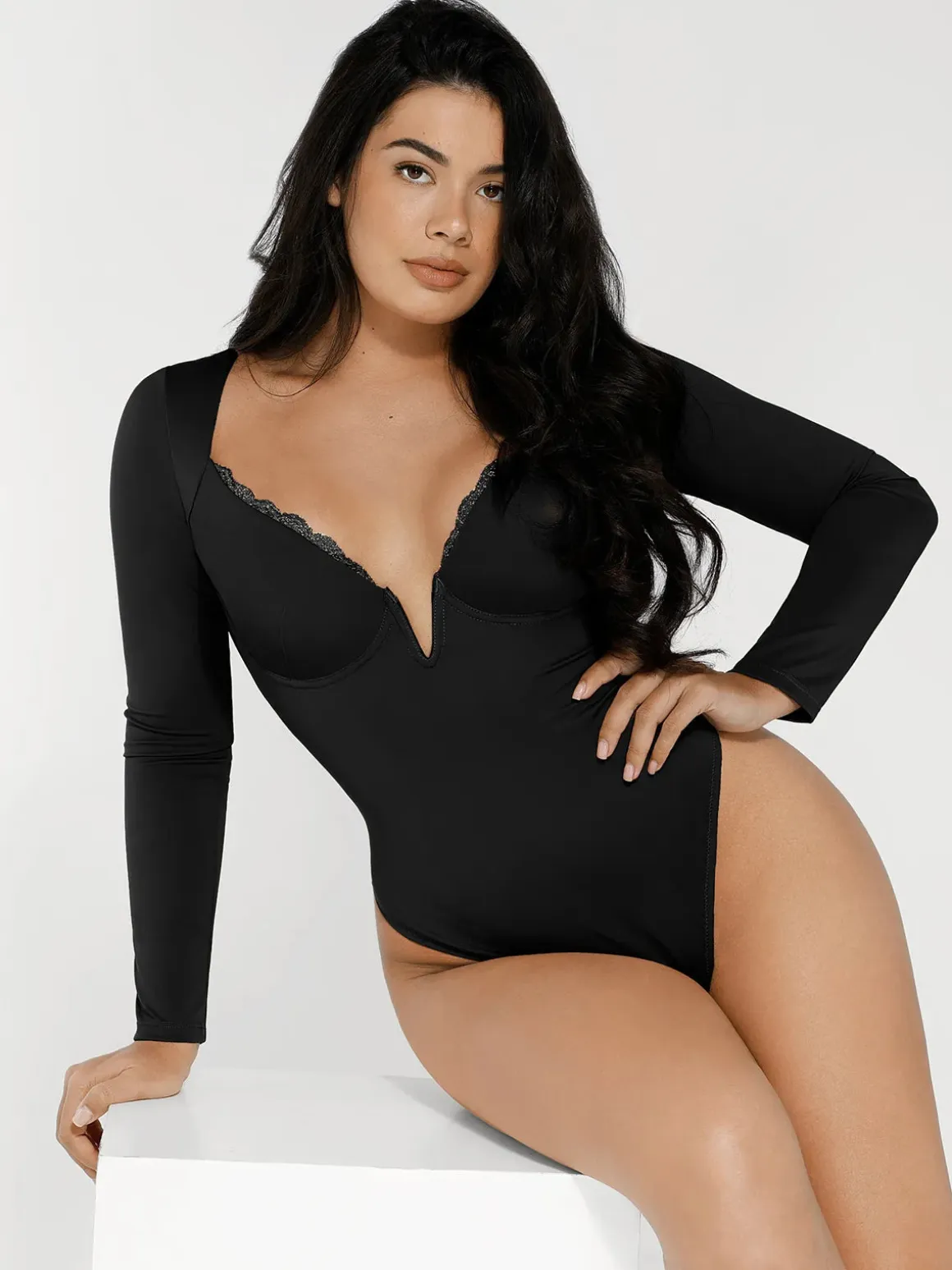 Shapewear Long Sleeve Lace Trim V-Neck Slimming Bodysuit