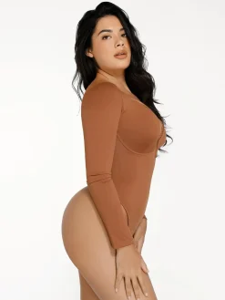 Shapewear Long Sleeve Lace Trim V-Neck Slimming Bodysuit