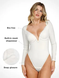 Shapewear Long Sleeve Lace Trim V-Neck Slimming Bodysuit